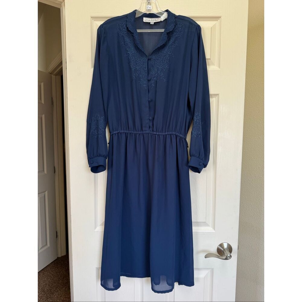 Maurada dress size 14 semi sheer navy blue long sleeve floral embroidery cottage